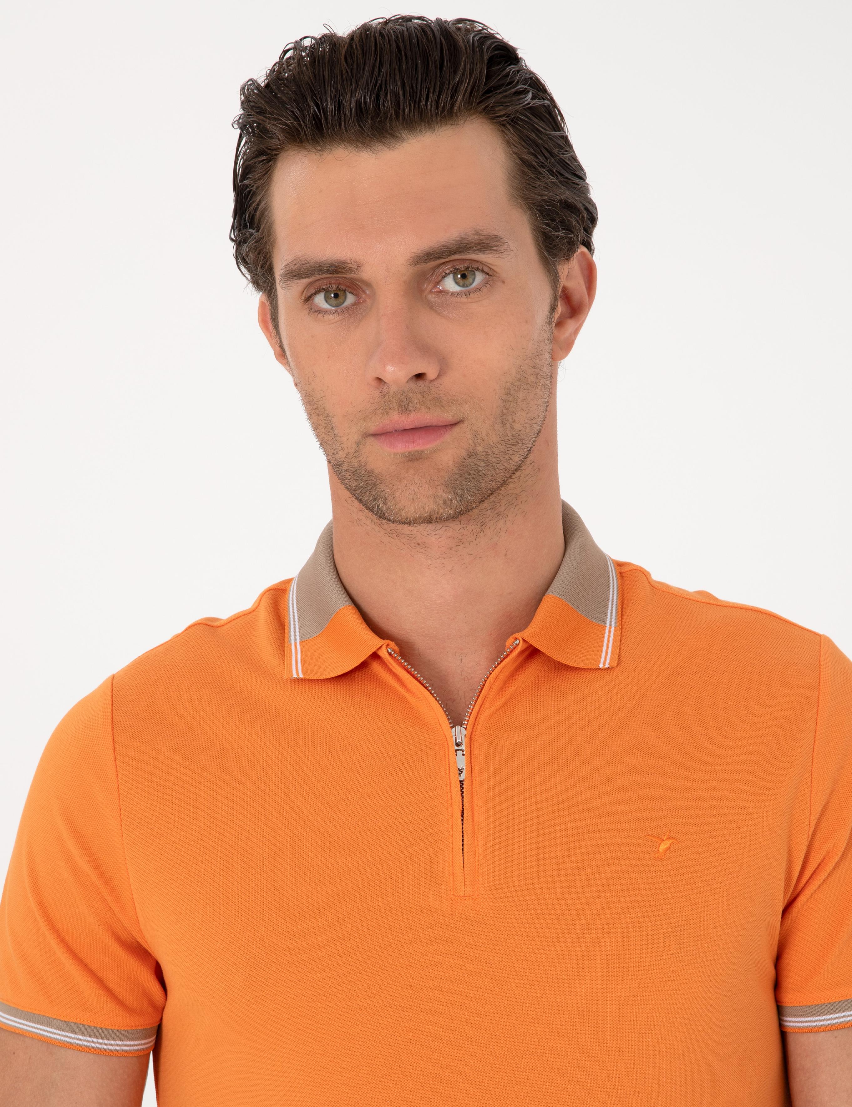 Turuncu Slim Fit %100 Pamuk Fermuarlı Polo Yaka T-shirt - 50301382017