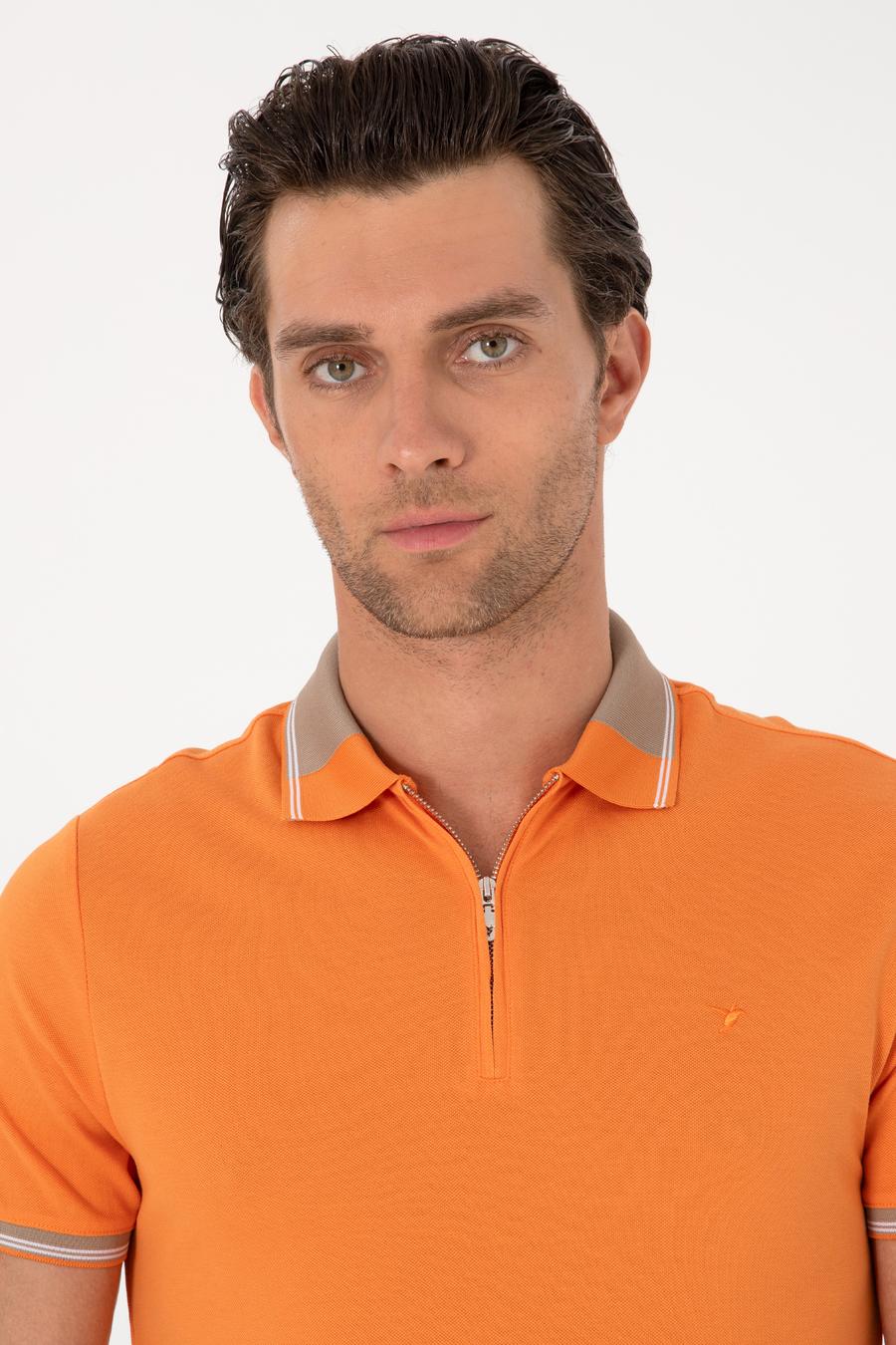 Turuncu Slim Fit %100 Pamuk Fermuarlı Polo Yaka T-shirt - 50301382017
