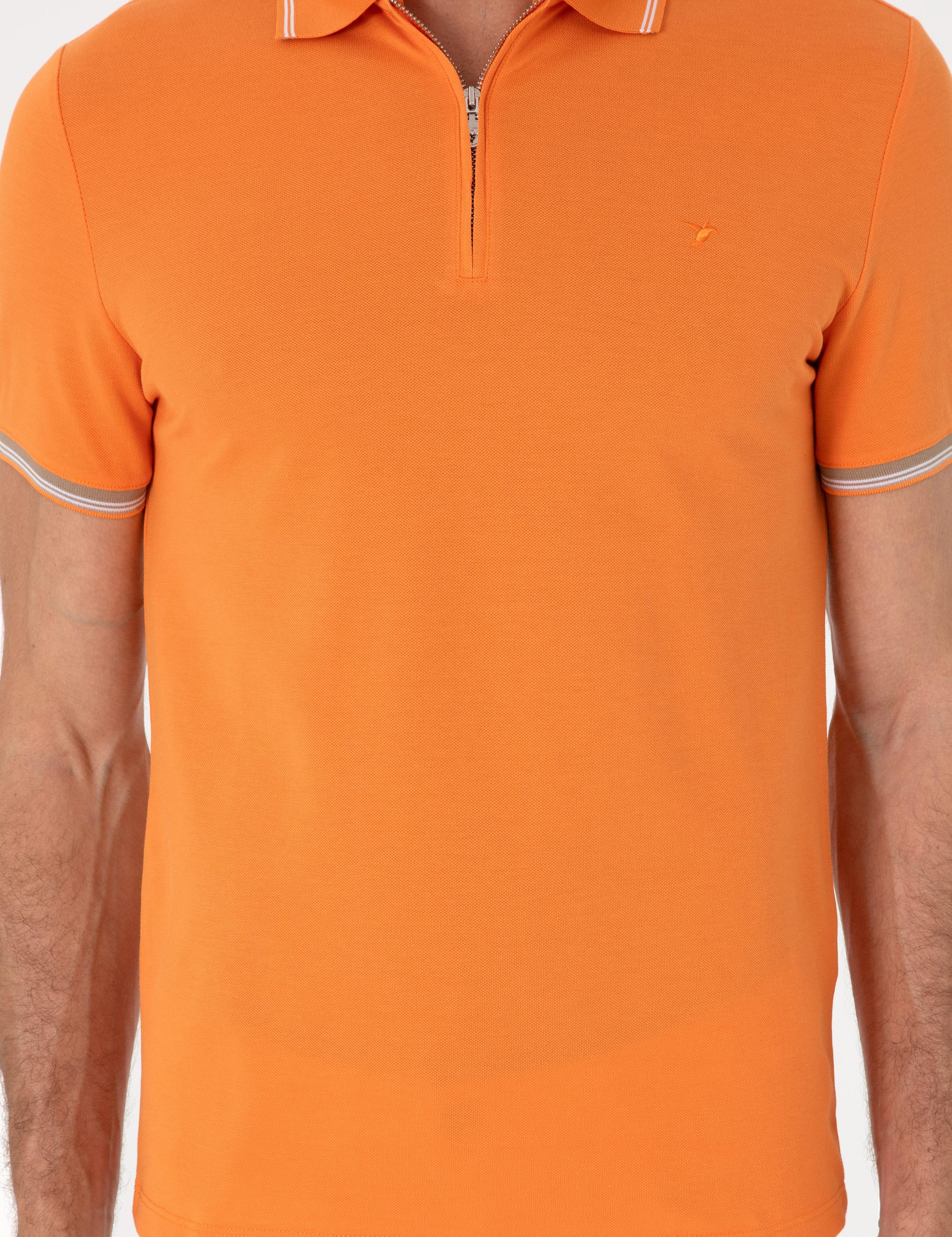 Turuncu Slim Fit %100 Pamuk Fermuarlı Polo Yaka T-shirt - 50301382017