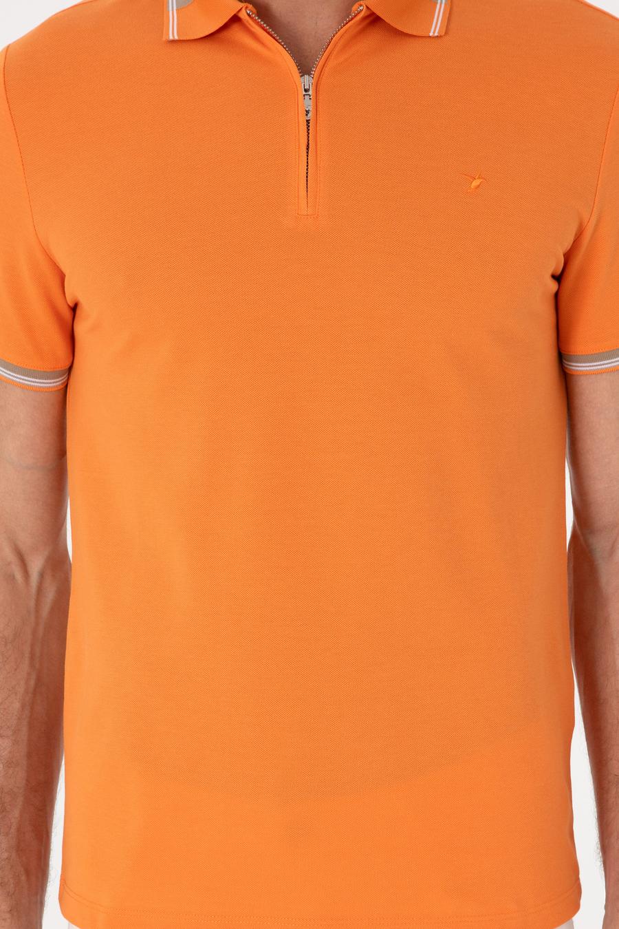 Turuncu Slim Fit %100 Pamuk Fermuarlı Polo Yaka T-shirt - 50301382017