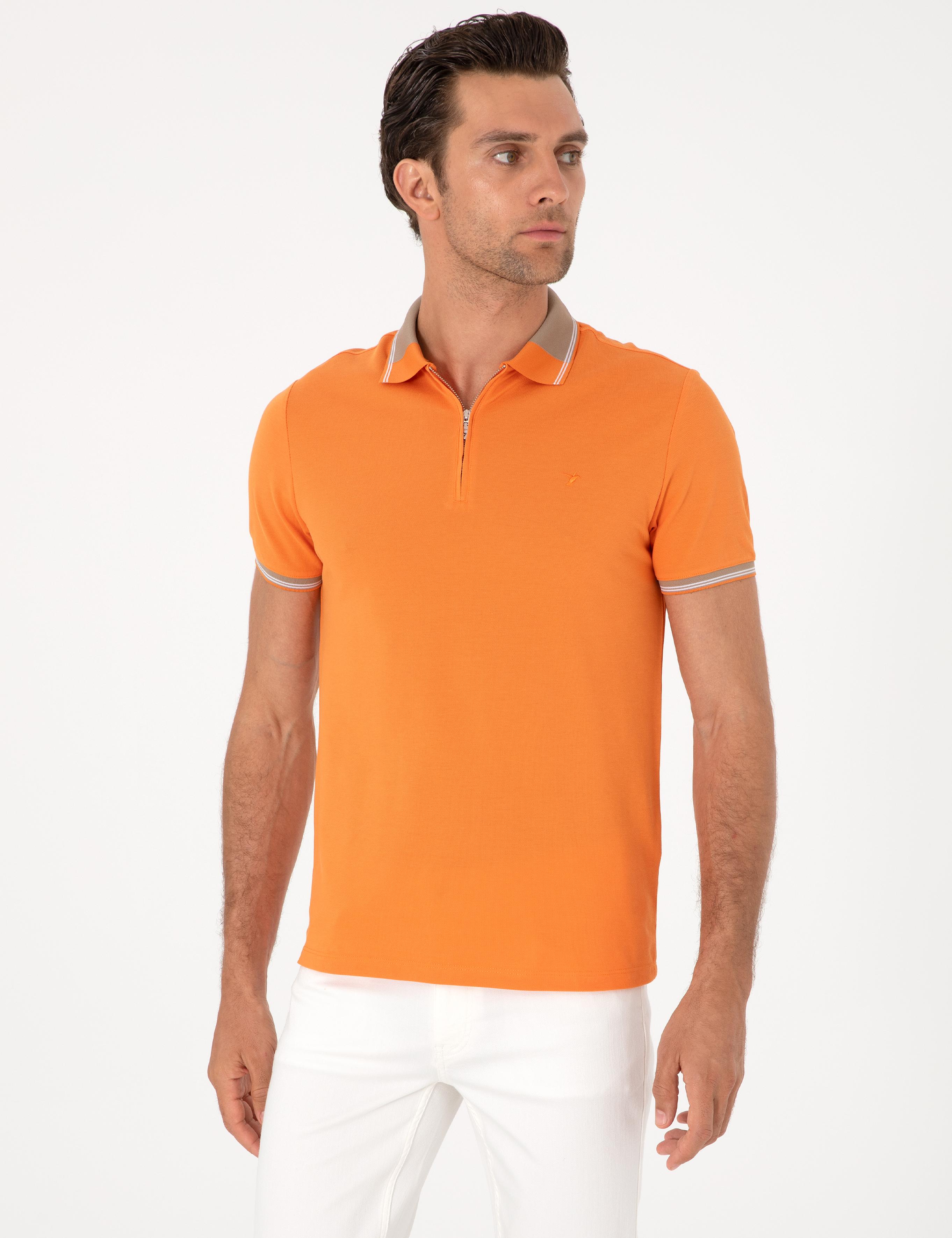 Turuncu Slim Fit %100 Pamuk Fermuarlı Polo Yaka T-shirt - 50301382017