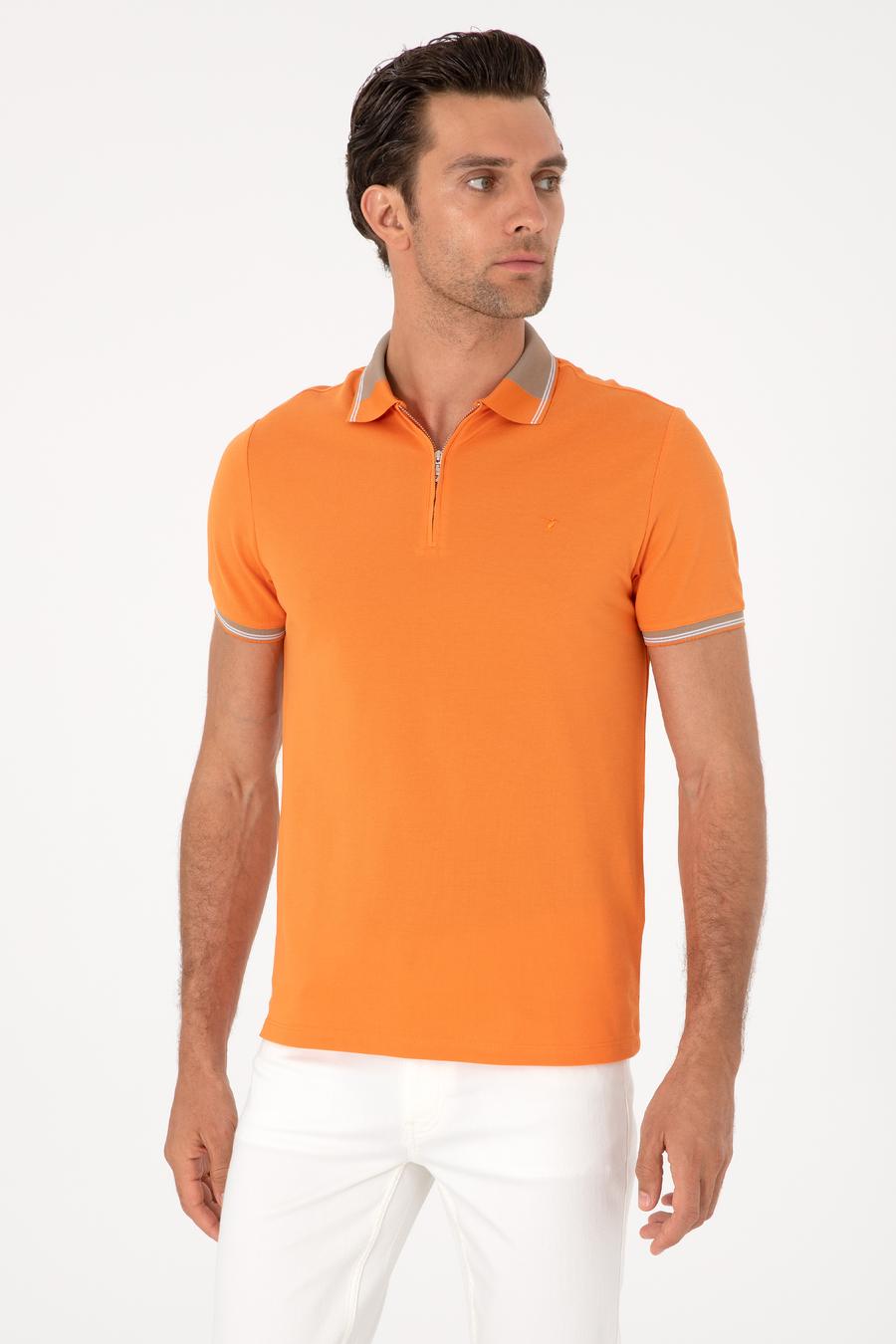 Turuncu Slim Fit %100 Pamuk Fermuarlı Polo Yaka T-shirt - 50301382017
