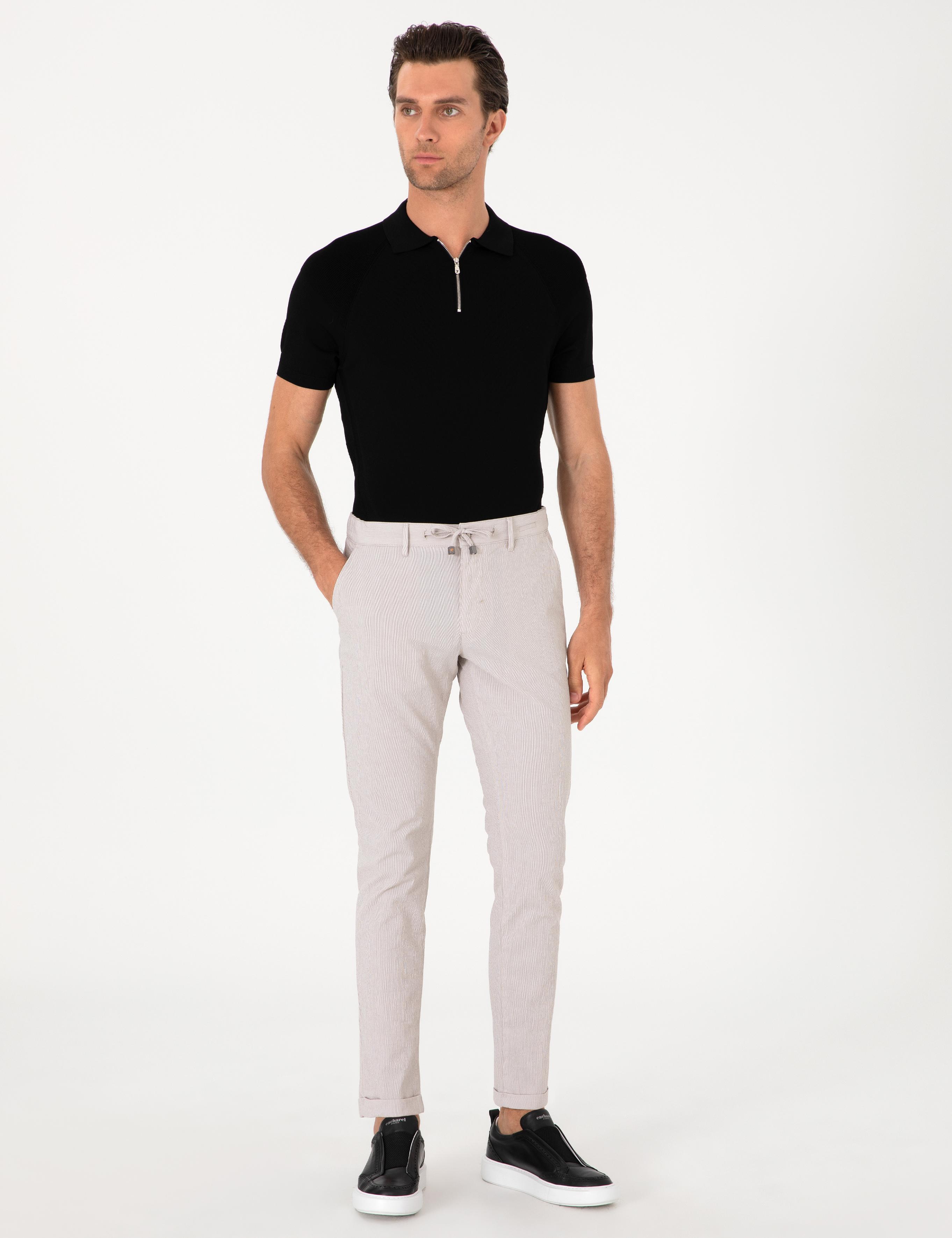 Bej Slim Fit Gofreli Beli Bağcıklı Spor Pantolon - 50305618022