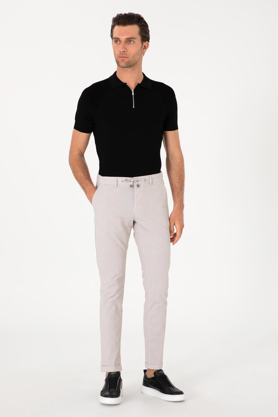 Bej Slim Fit Gofreli Beli Bağcıklı Spor Pantolon - 50305618022