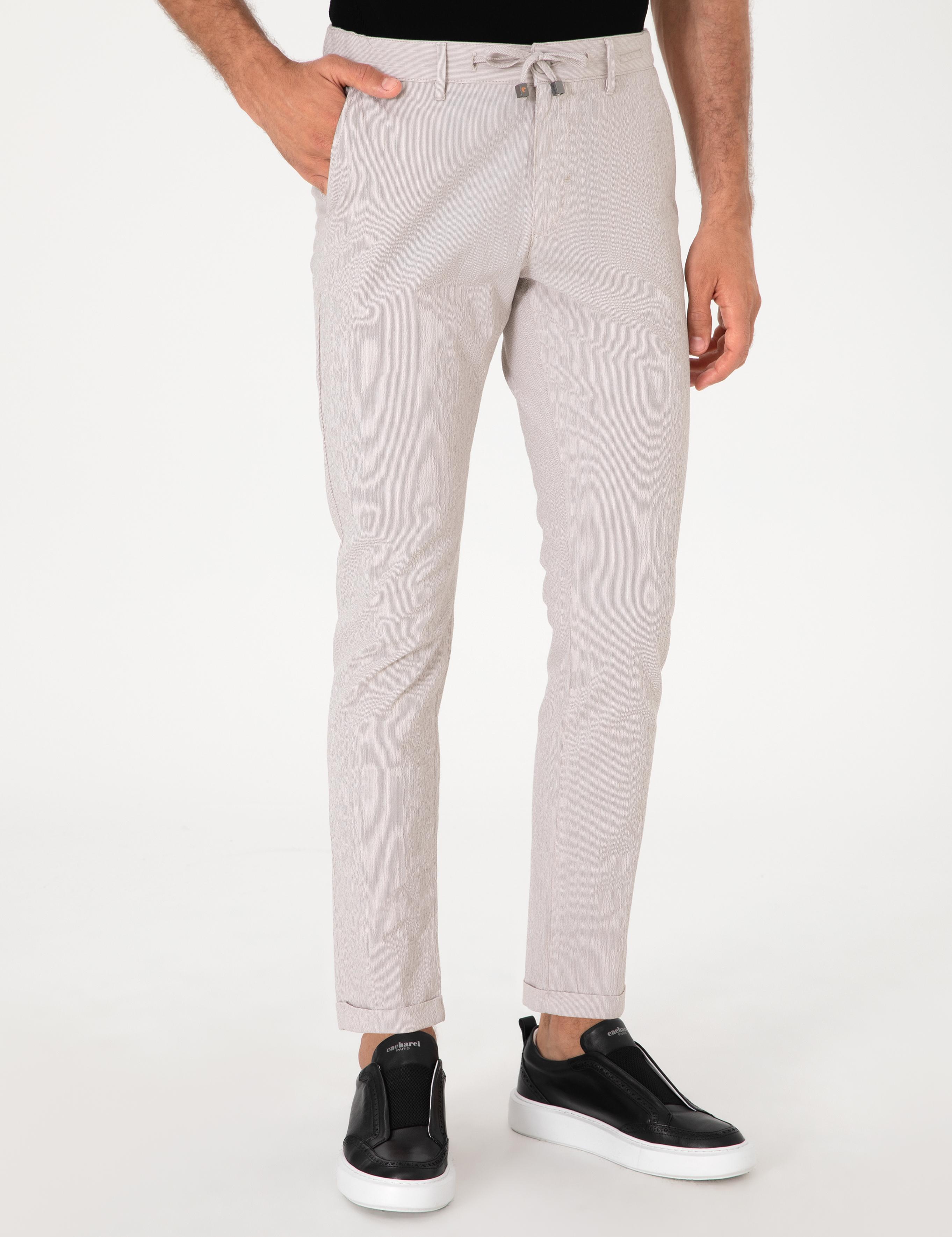 Bej Slim Fit Gofreli Beli Bağcıklı Spor Pantolon - 50305618022