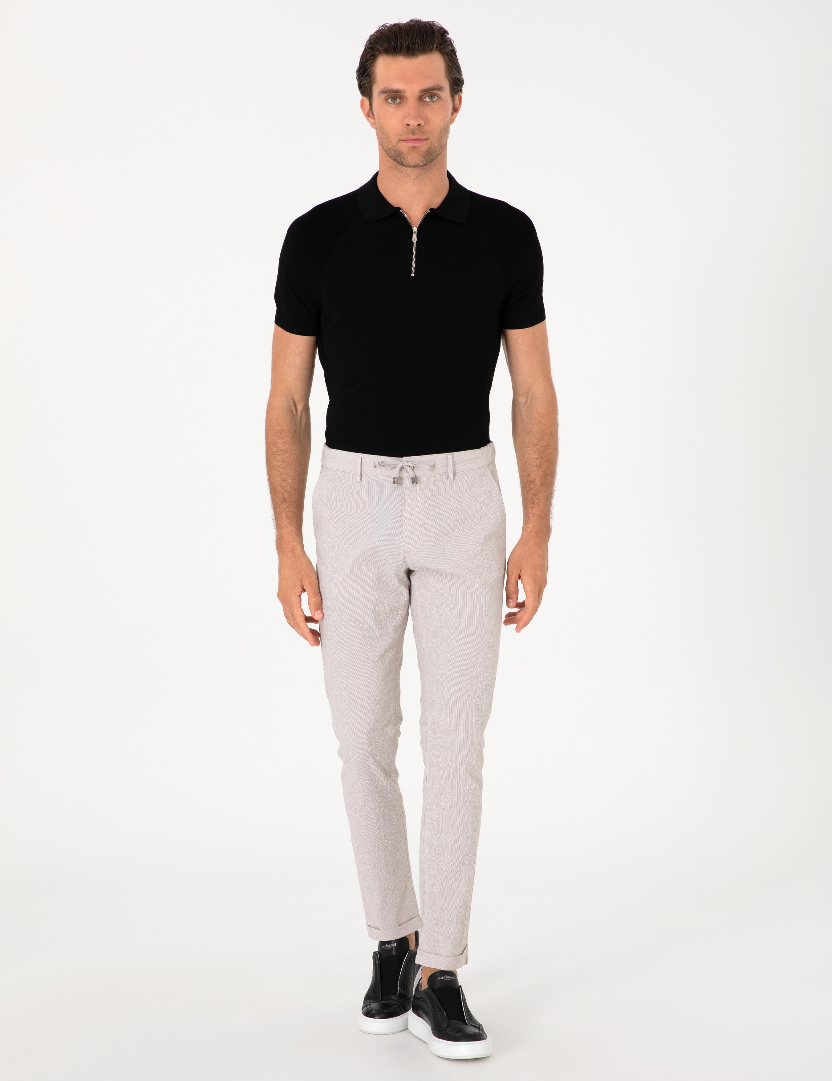 Bej Slim Fit Gofreli Beli Bağcıklı Spor Pantolon - 50305618022