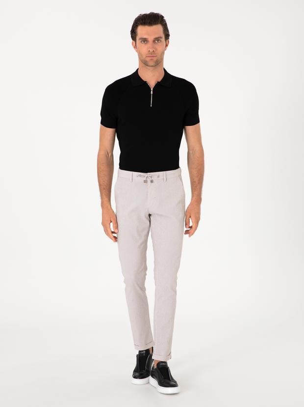 Bej Slim Fit Gofreli Beli Bağcıklı Spor Pantolon