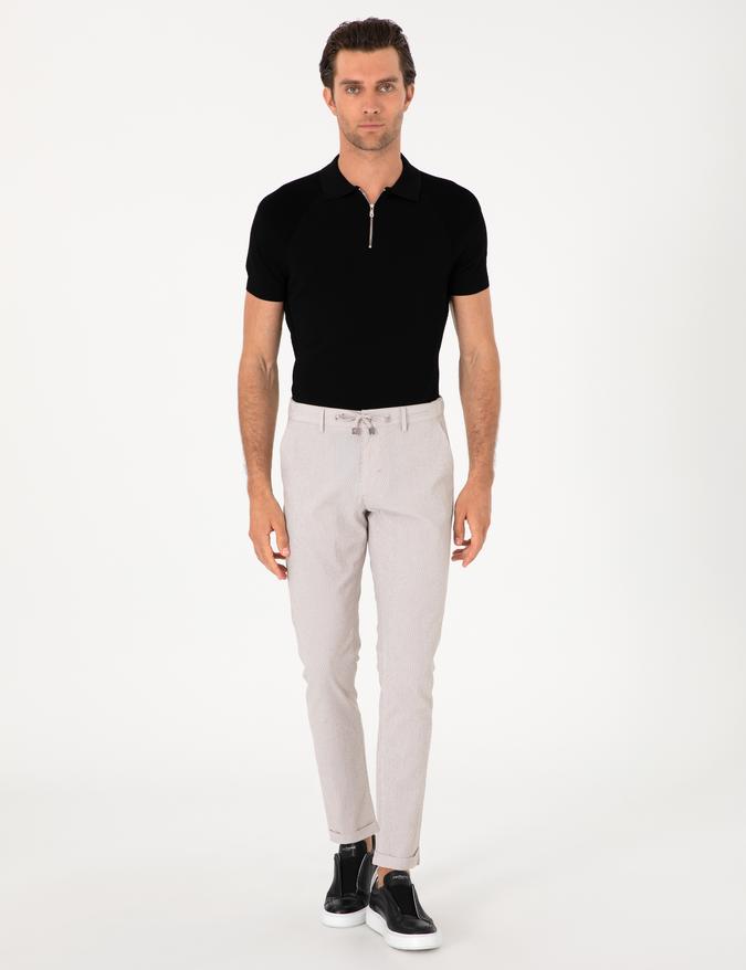 Bej Slim Fit Gofreli Beli Bağcıklı Spor Pantolon
