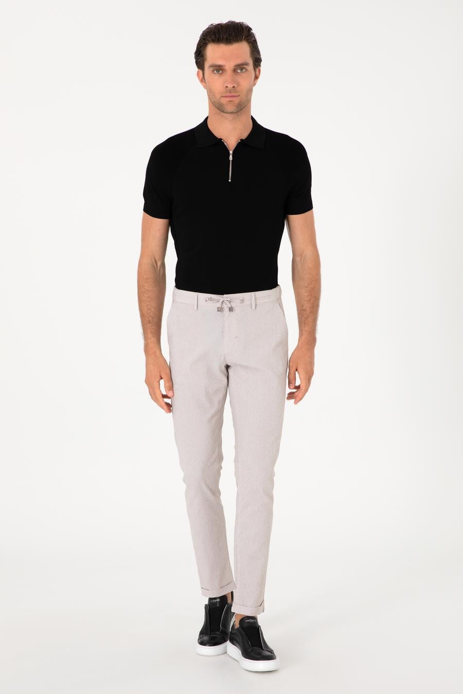 Bej Slim Fit Gofreli Beli Bağcıklı Spor Pantolon - 50305618022