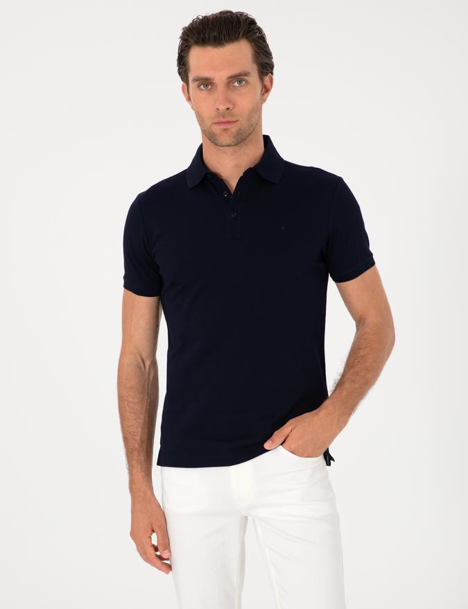 Lacivert Slim Fit %100 Pamuk Polo Yaka Basic T-shirt