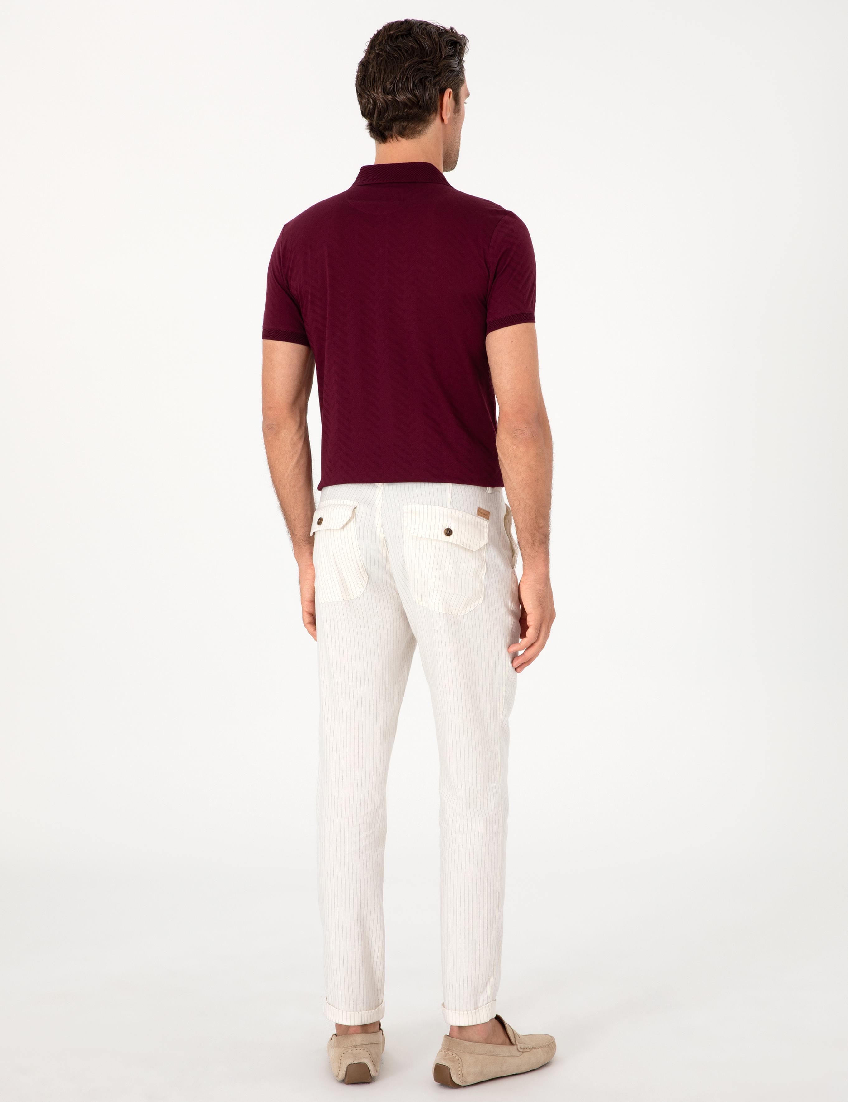 Ekru Slim Fit Çizgili Keten Karışımlı Spor Pantolon - 50298912157
