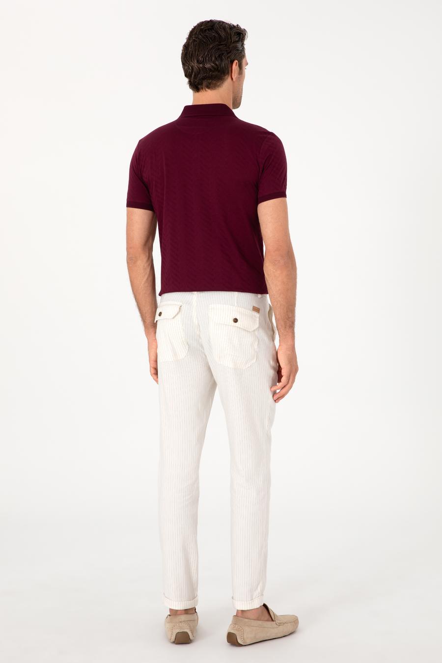 Ekru Slim Fit Çizgili Keten Karışımlı Spor Pantolon - 50298912157