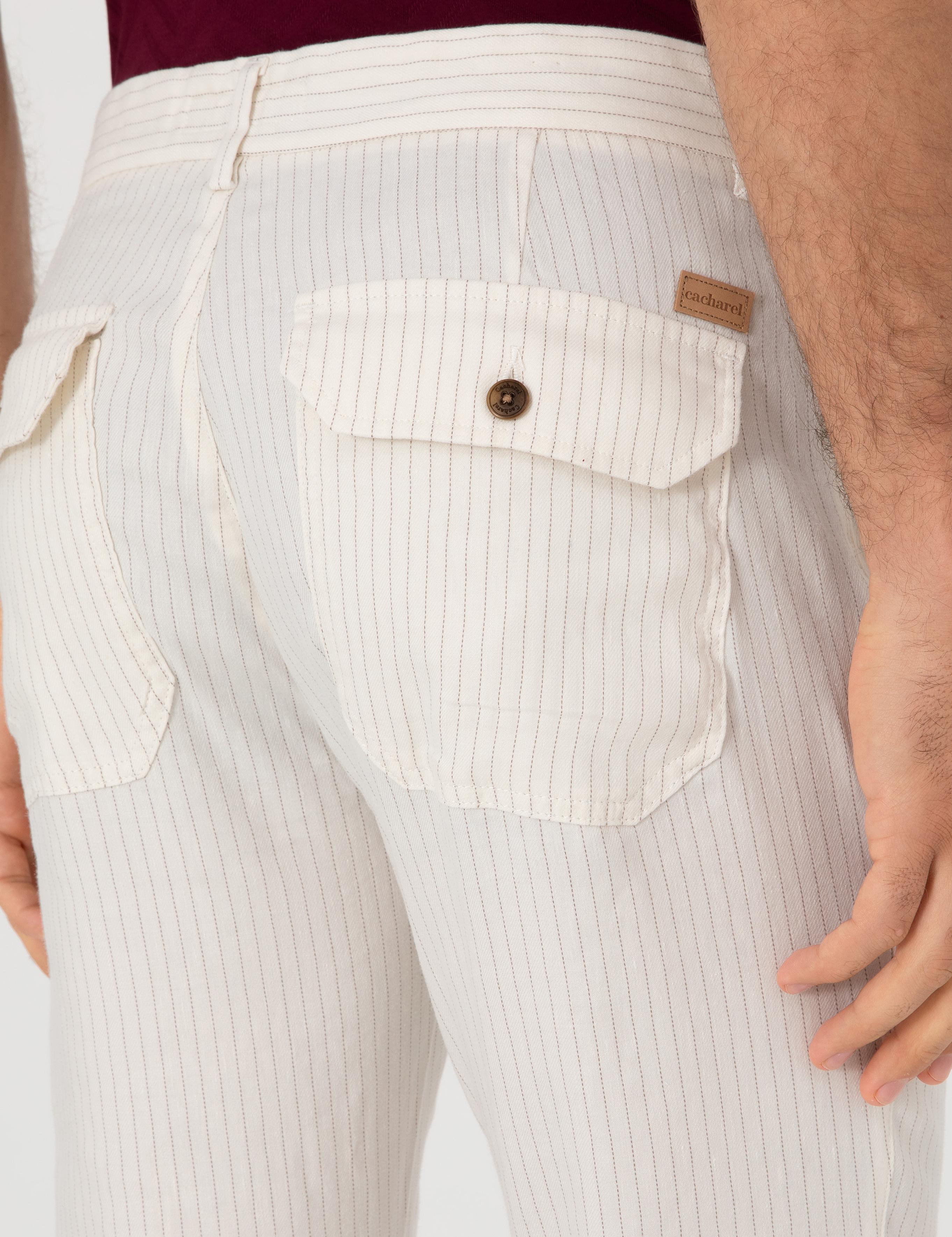Ekru Slim Fit Çizgili Keten Karışımlı Spor Pantolon - 50298912157