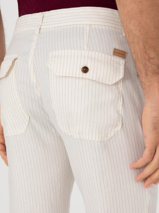 Ekru Slim Fit Çizgili Keten Karışımlı Spor Pantolon