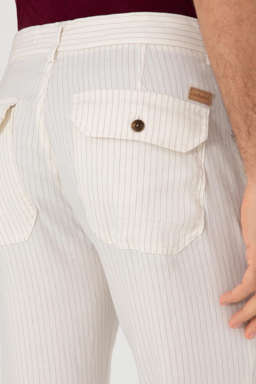 Ekru Slim Fit Çizgili Keten Karışımlı Spor Pantolon - 50298912157