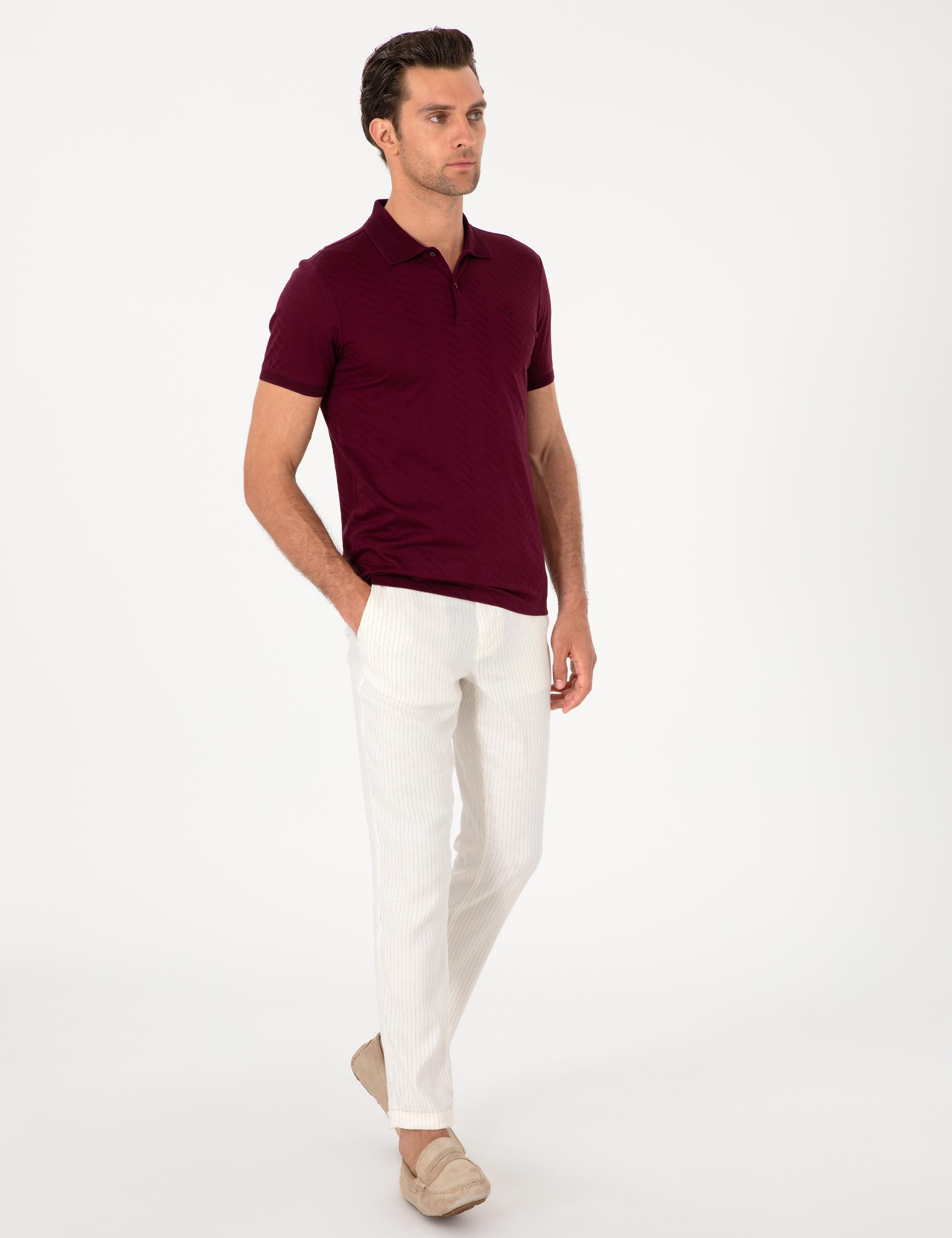 Ekru Slim Fit Çizgili Keten Karışımlı Spor Pantolon - 50298912157