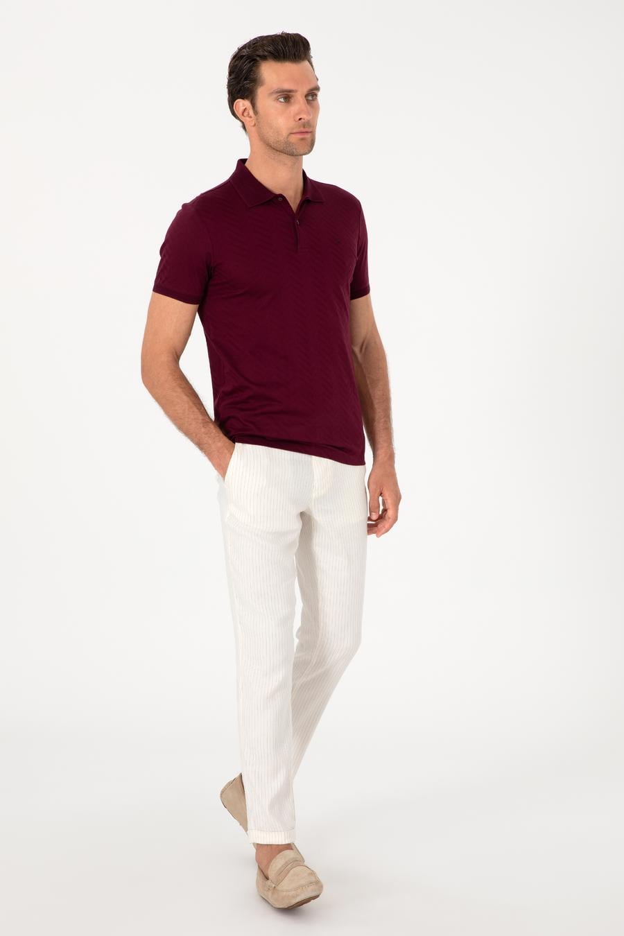 Ekru Slim Fit Çizgili Keten Karışımlı Spor Pantolon - 50298912157