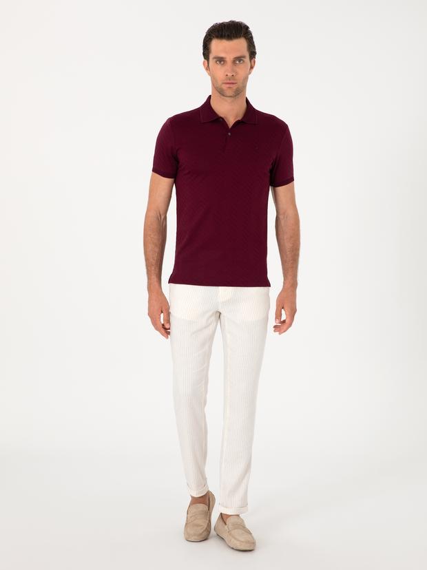 Ekru Slim Fit Çizgili Keten Karışımlı Spor Pantolon