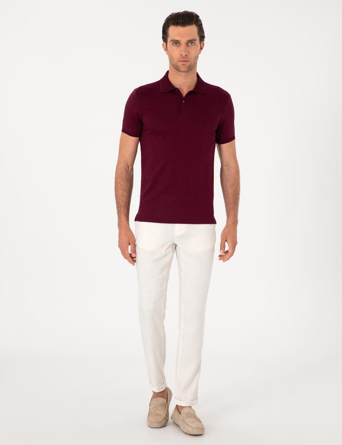 Ekru Slim Fit Çizgili Keten Karışımlı Spor Pantolon