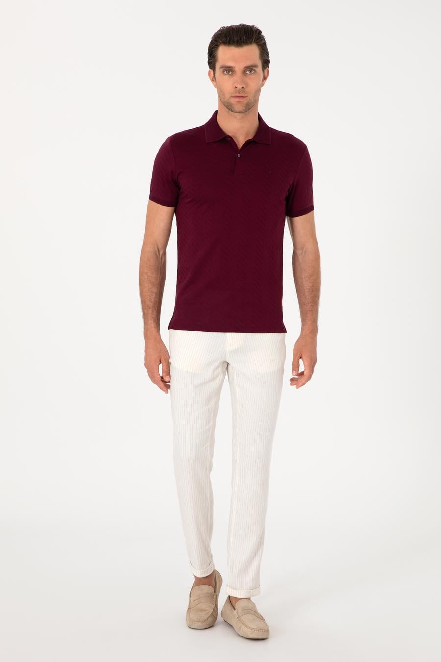 Ekru Slim Fit Çizgili Keten Karışımlı Spor Pantolon - 50298912157
