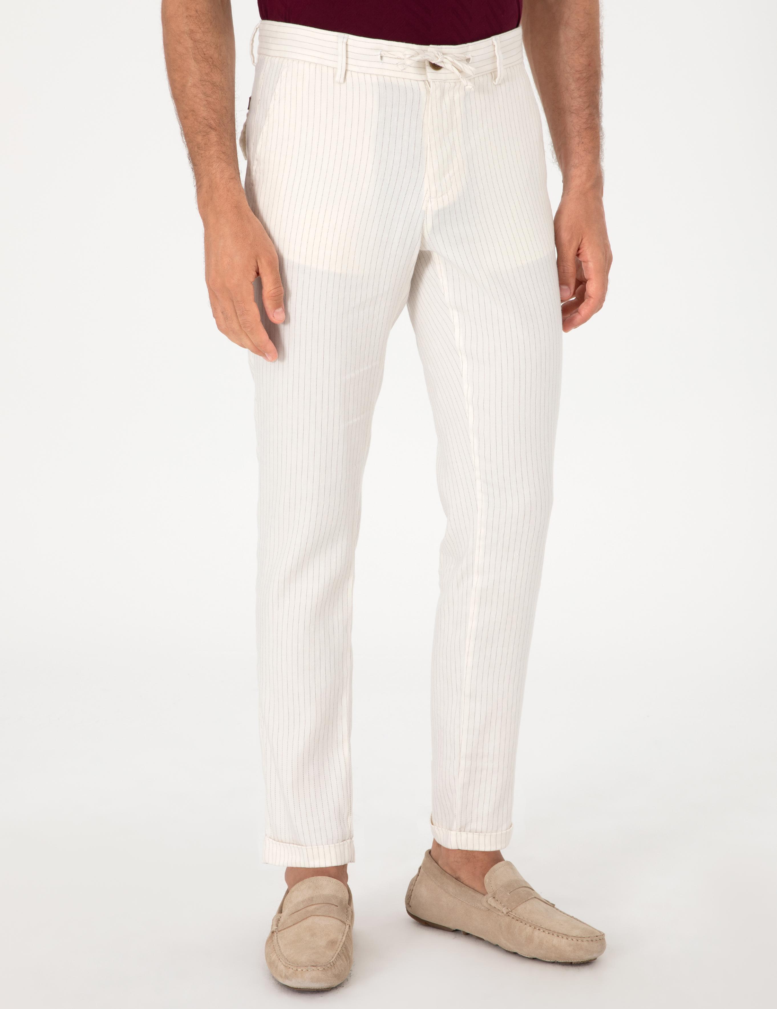 Ekru Slim Fit Çizgili Keten Karışımlı Spor Pantolon - 50298912157