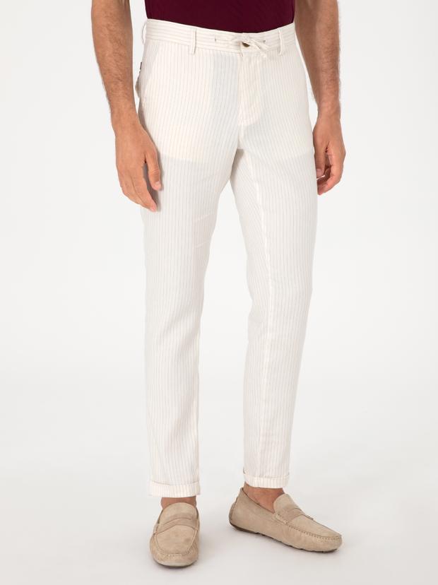 Ekru Slim Fit Çizgili Keten Karışımlı Spor Pantolon