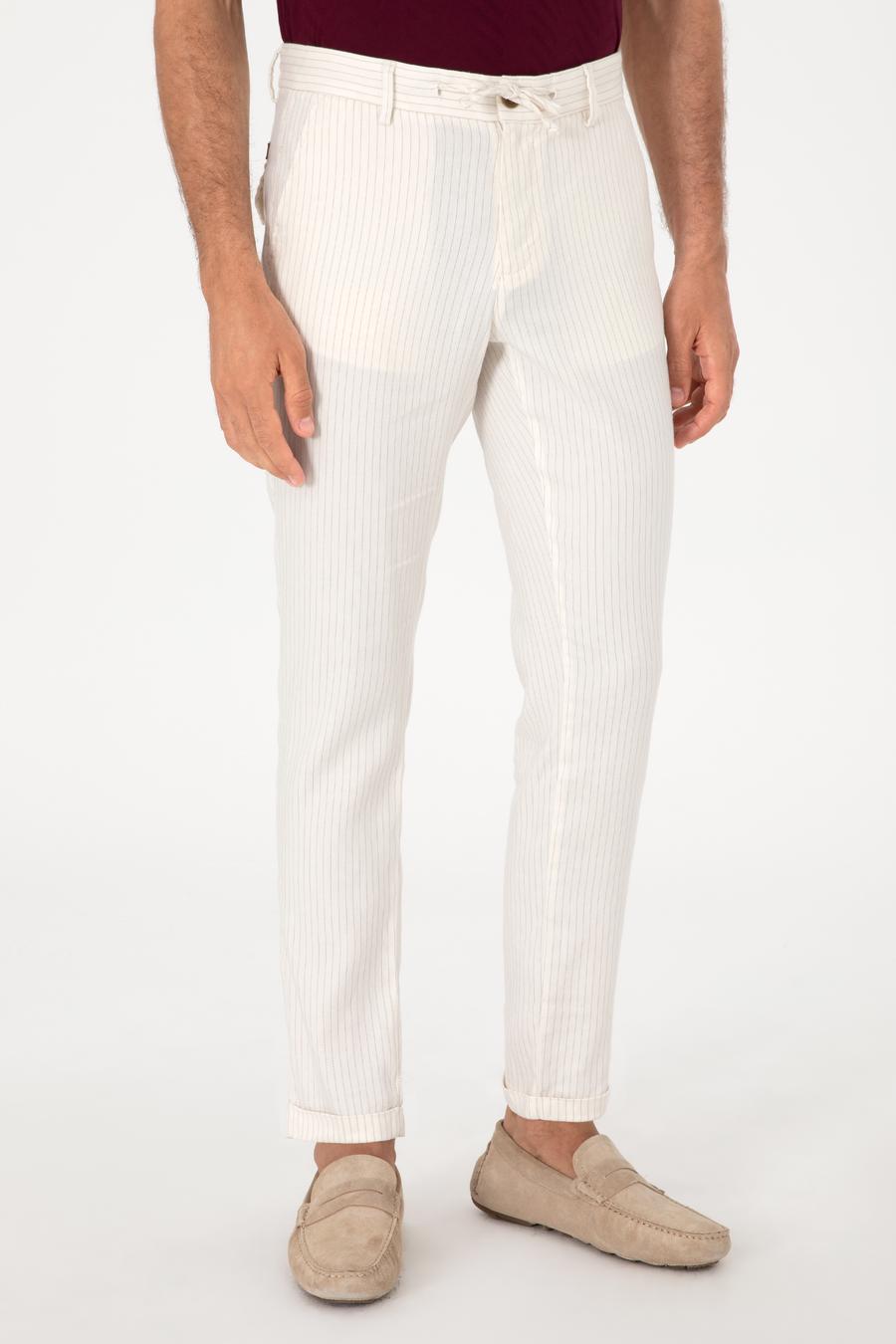 Ekru Slim Fit Çizgili Keten Karışımlı Spor Pantolon - 50298912157