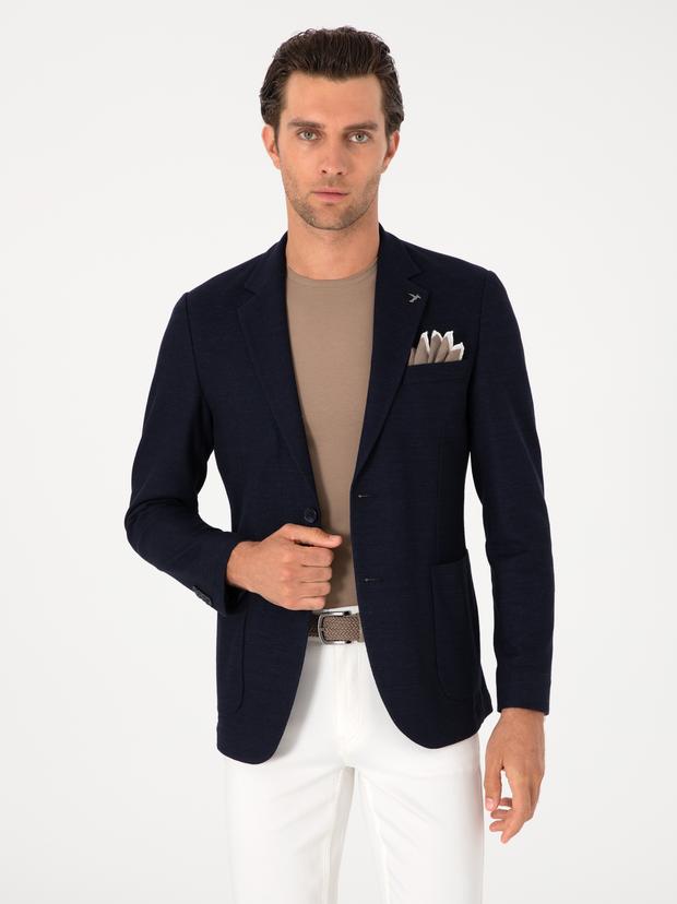 Lacivert Slim Fit Yün Keten Karışımlı Ceket