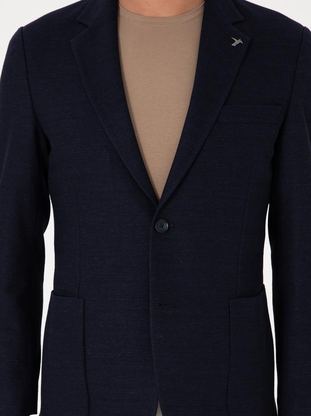 Lacivert Slim Fit Yün Keten Karışımlı Ceket