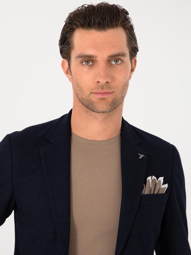 Lacivert Slim Fit Yün Keten Karışımlı Ceket