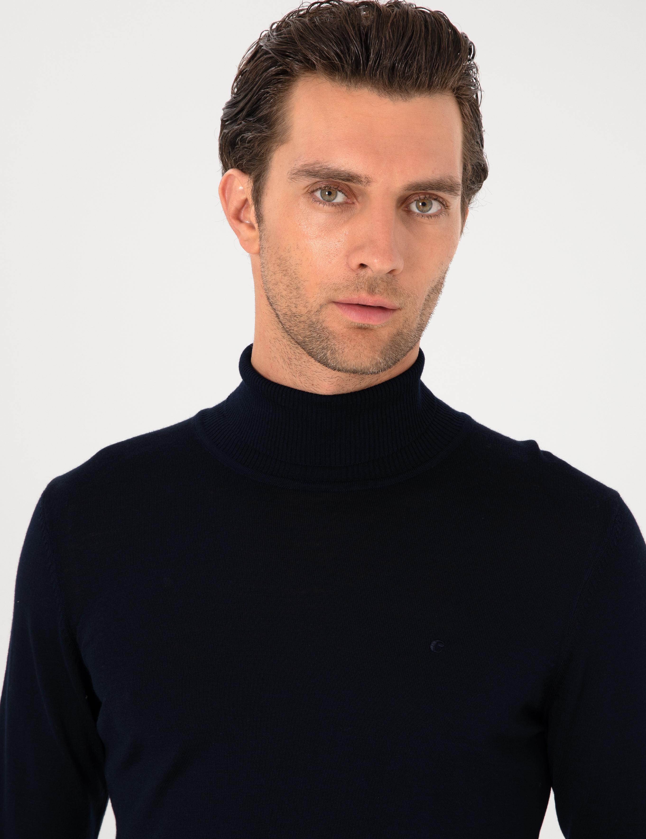 Lacivert Slim Fit Yün Karışımlı Balıkçı Yaka Basic Triko Kazak - 50270163025
