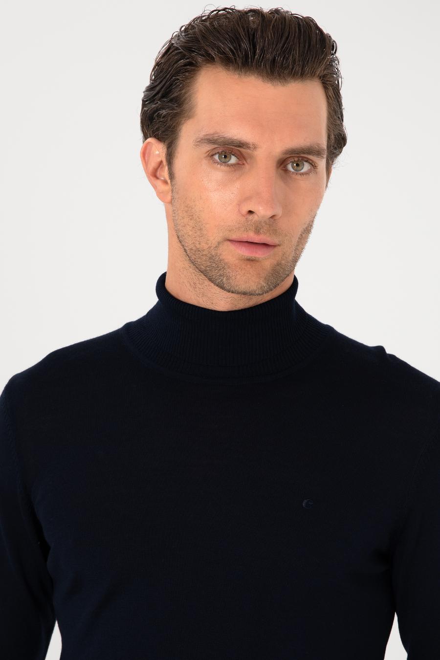 Lacivert Slim Fit Yün Karışımlı Balıkçı Yaka Basic Triko Kazak - 50270163025