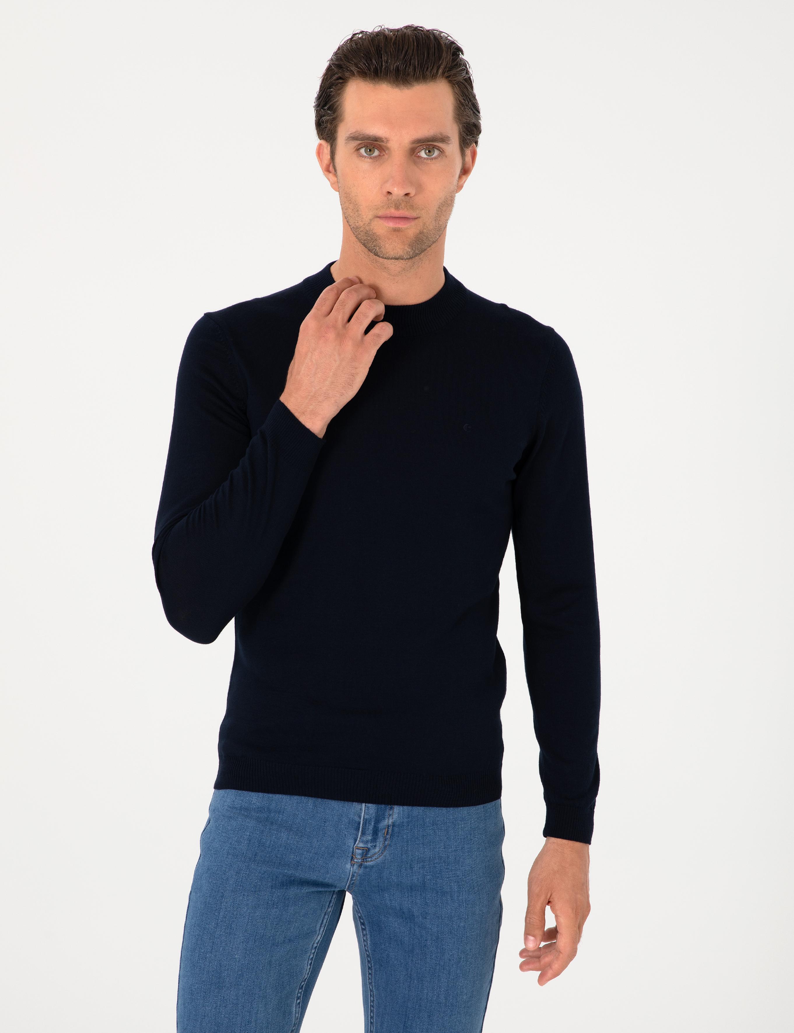 Lacivert Slim Fit Yün Karışımlı Çeyrek Balıkçı Yaka Basic Triko Kazak - 50276521048