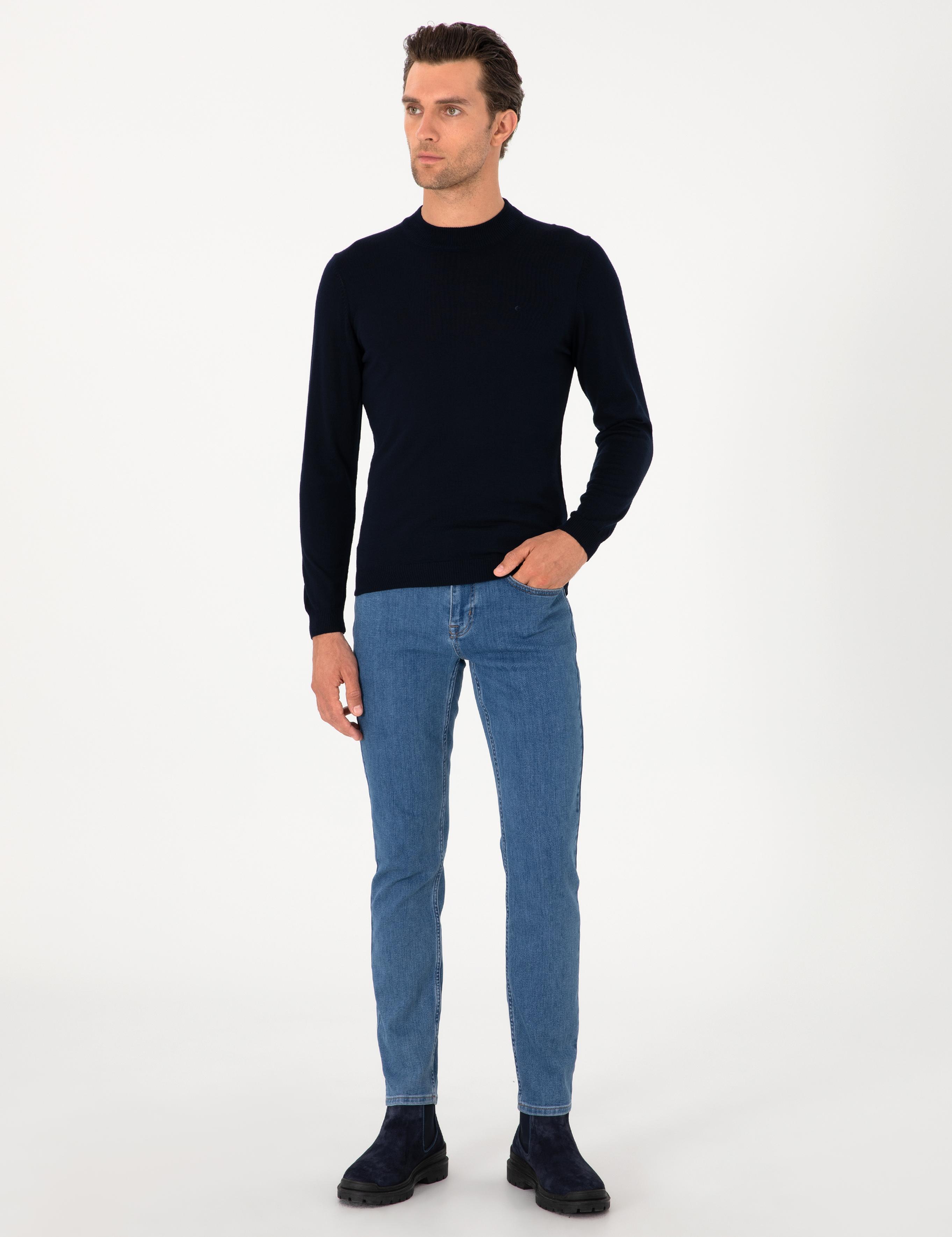 Lacivert Slim Fit Yün Karışımlı Çeyrek Balıkçı Yaka Basic Triko Kazak - 50276521048