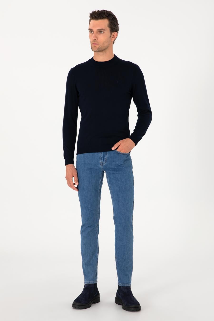Lacivert Slim Fit Yün Karışımlı Çeyrek Balıkçı Yaka Basic Triko Kazak - 50276521048
