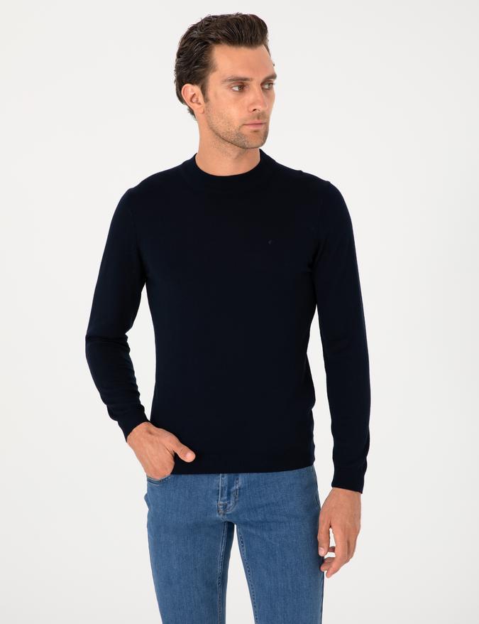 Lacivert Slim Fit Yün Karışımlı Çeyrek Balıkçı Yaka Basic Triko Kazak