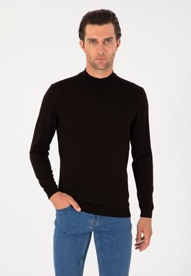 Koyu Kahverengi Slim Fit Yün Karışımlı Yarım Balıkçı Yaka Basic Triko Kazak