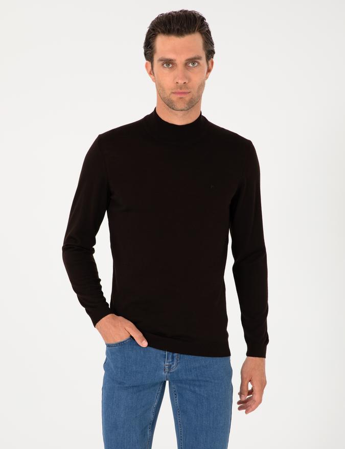 Koyu Kahverengi Slim Fit Yün Karışımlı Yarım Balıkçı Yaka Basic Triko Kazak