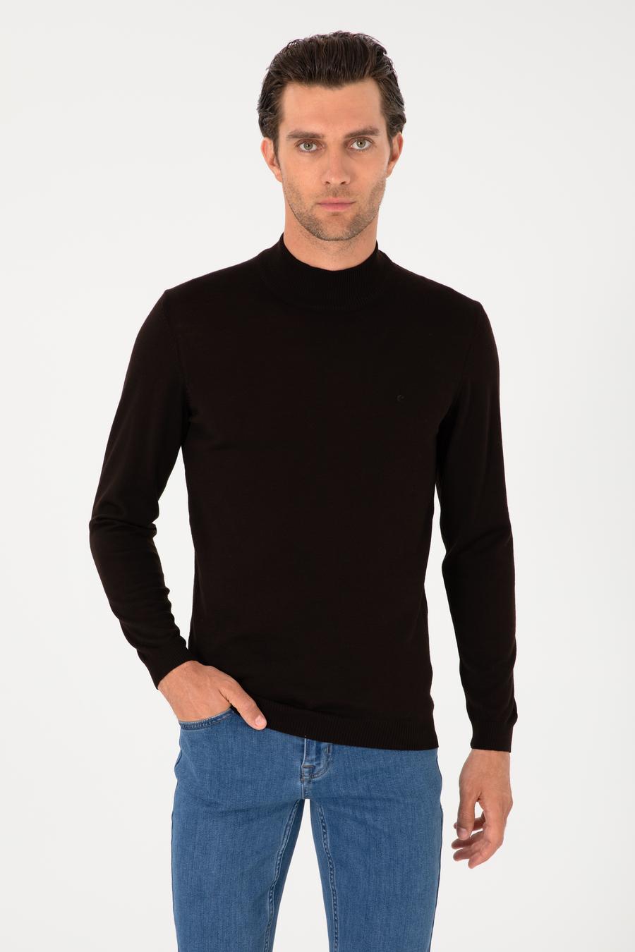 Koyu Kahverengi Slim Fit Yün Karışımlı Yarım Balıkçı Yaka Basic Triko Kazak - 50270172038