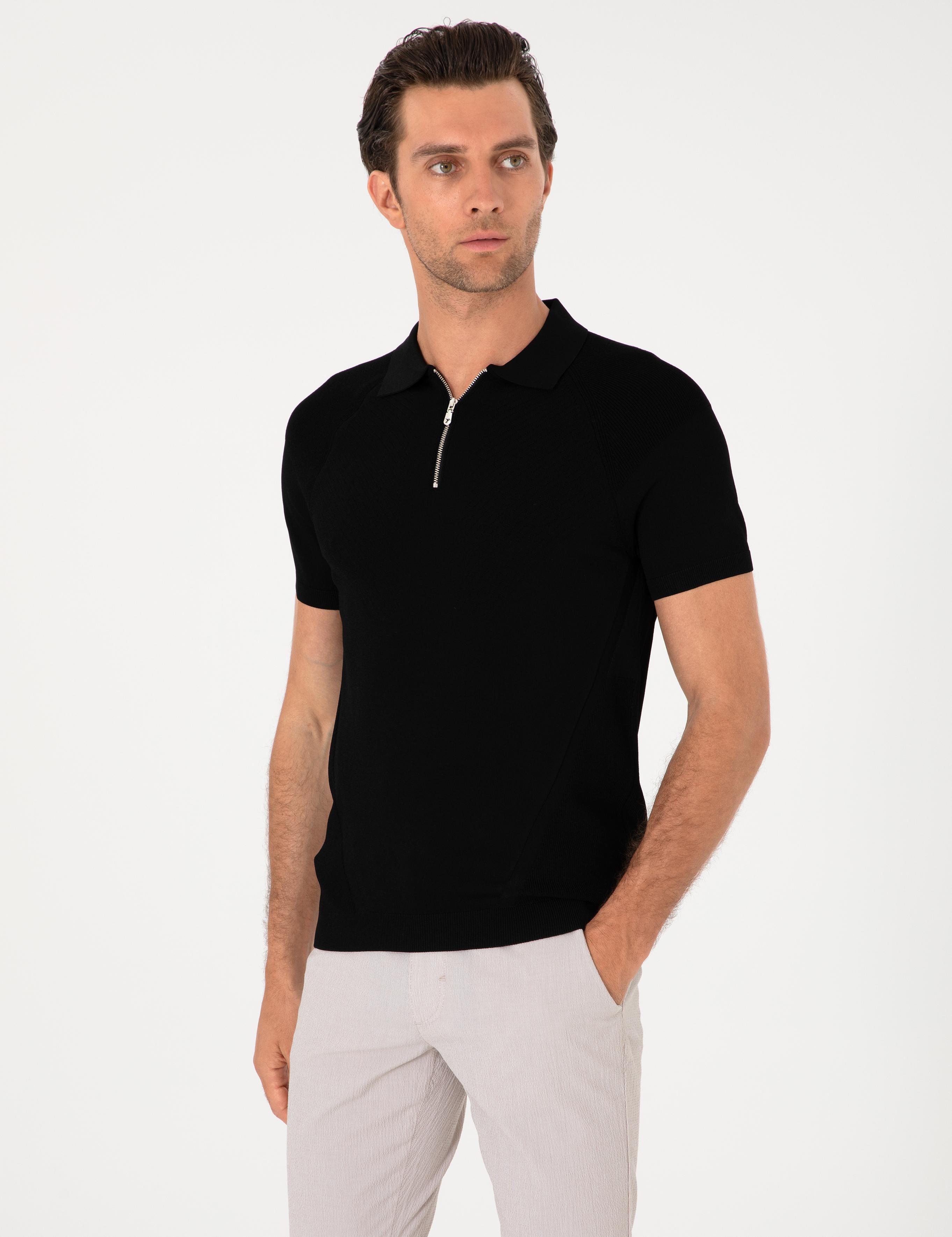 Siyah Slim Fit Fermuarlı Polo Yaka Triko T-shirt - 50300797027
