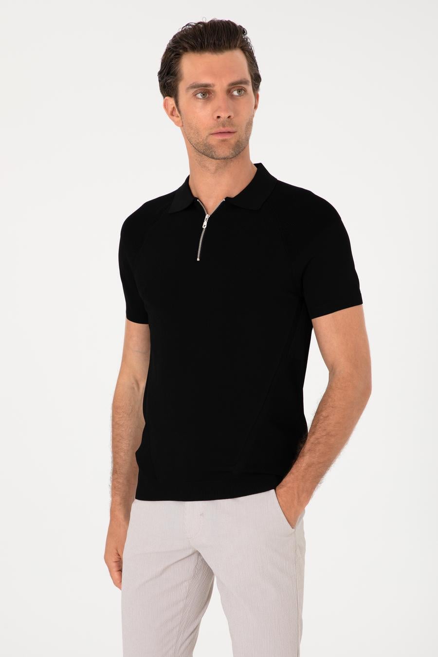 Siyah Slim Fit Fermuarlı Polo Yaka Triko T-shirt - 50300797027