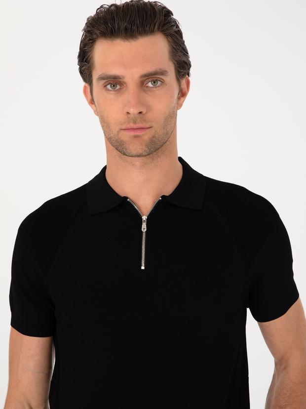 Siyah Slim Fit Fermuarlı Polo Yaka Triko T-shirt