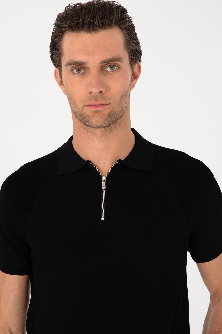 Siyah Slim Fit Fermuarlı Polo Yaka Triko T-shirt - 50300797027