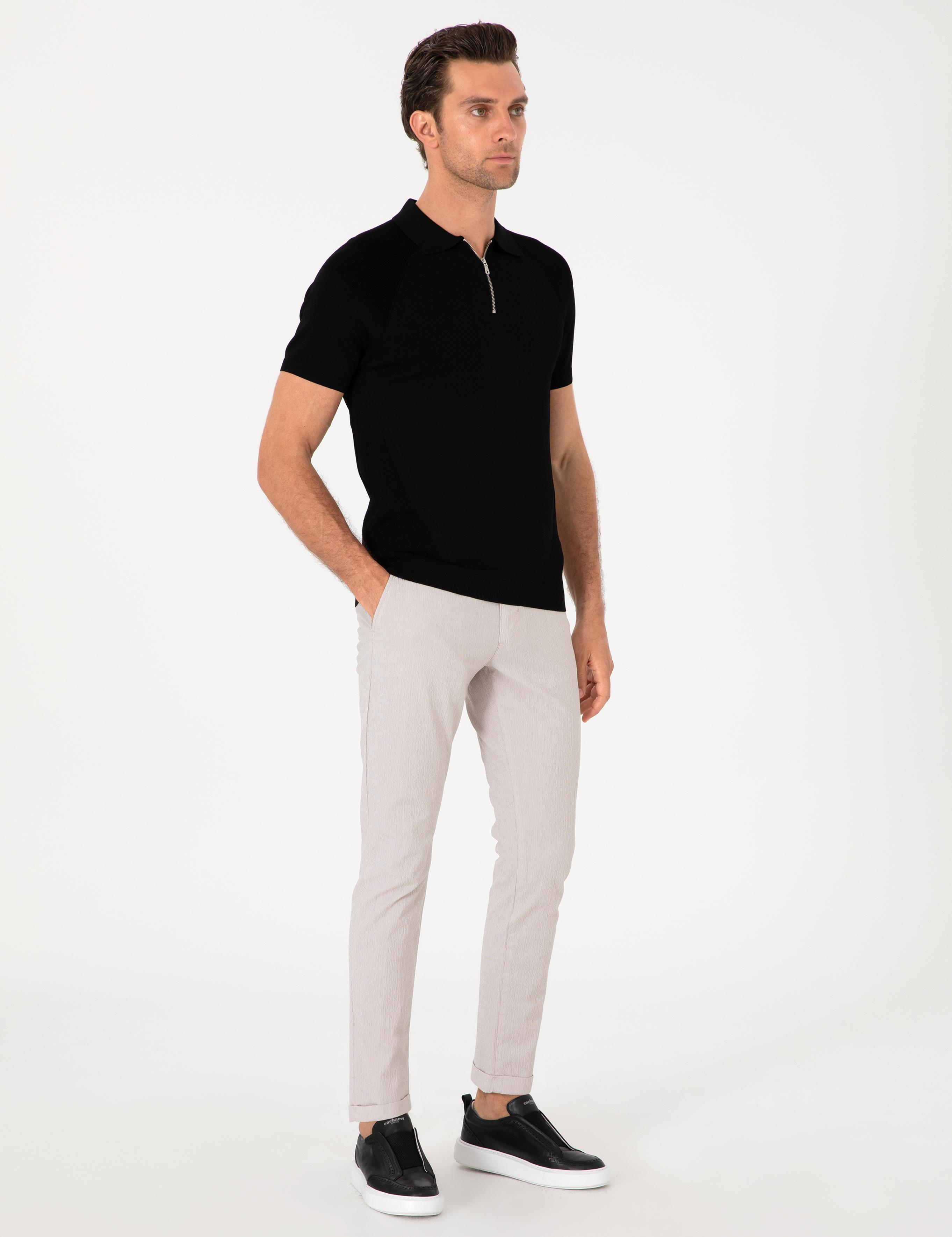 Siyah Slim Fit Fermuarlı Polo Yaka Triko T-shirt - 50300797027