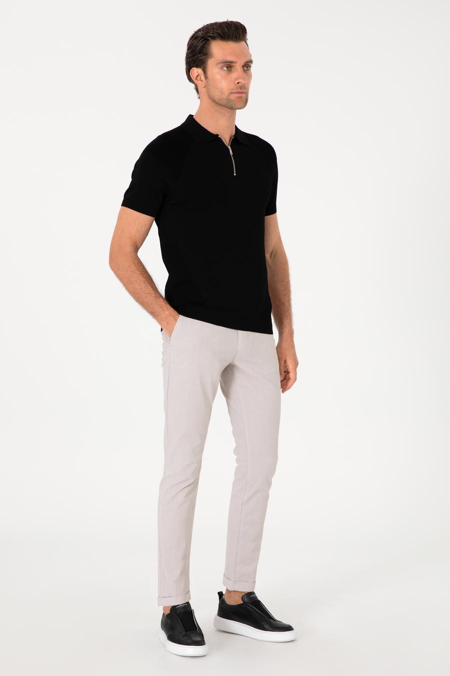 Siyah Slim Fit Fermuarlı Polo Yaka Triko T-shirt - 50300797027