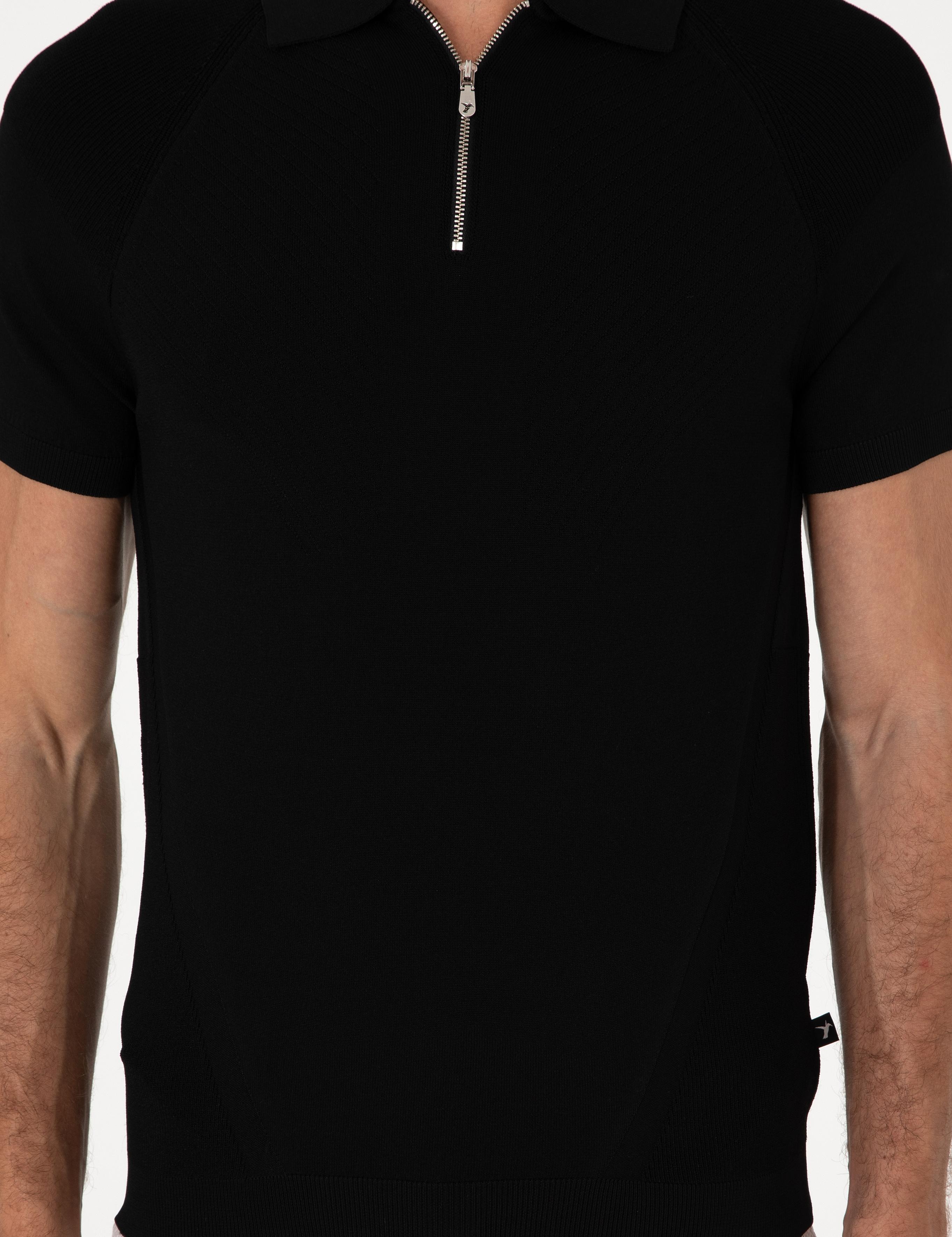 Siyah Slim Fit Fermuarlı Polo Yaka Triko T-shirt - 50300797027