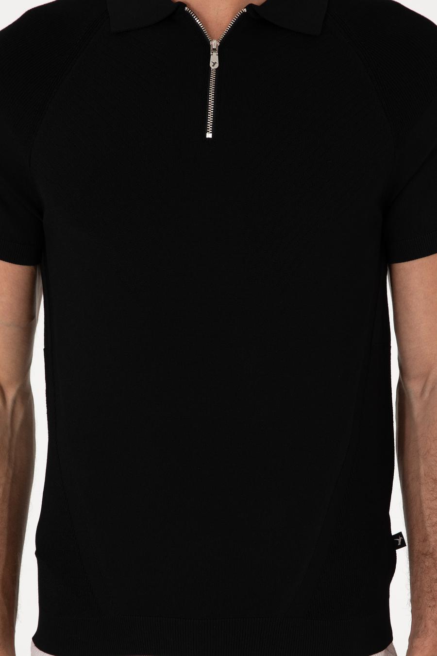 Siyah Slim Fit Fermuarlı Polo Yaka Triko T-shirt - 50300797027