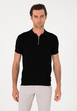 Siyah Slim Fit Fermuarlı Polo Yaka Triko T-shirt