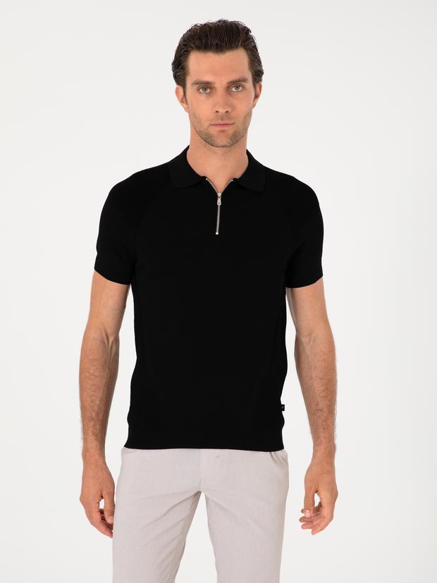 Siyah Slim Fit Fermuarlı Polo Yaka Triko T-shirt