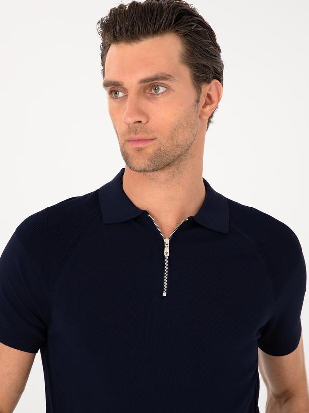 Lacivert Slim Fit Fermuarlı Polo Yaka Triko T-shirt